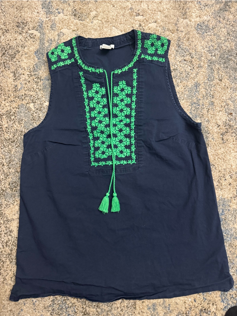 J. Crew Navy Sleeveless Embroidered Tassel Top with Green Detail